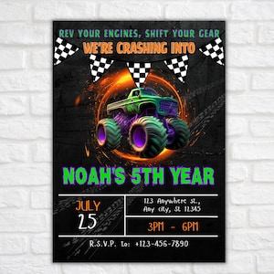 Pu&ograve; includere: Un invito a una festa di compleanno di un monster truck nero e verde con un monster truck verde su uno sfondo nero con fiamme arancioni. L'invito dice "Rev your engines, shift your gear, we're crashing into Noah's 5th year." L'invito include anche la data, l'ora e le informazioni di RSVP.