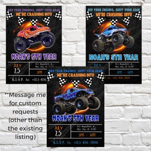 Pu&ograve; includere: Un invito a una festa di compleanno di monster truck nero e arancione con una grafica di monster truck e il testo "Rev your engines, shift your gear, we're crashing into Noah's 5th year". L'invito include la data, l'ora e il luogo della festa.