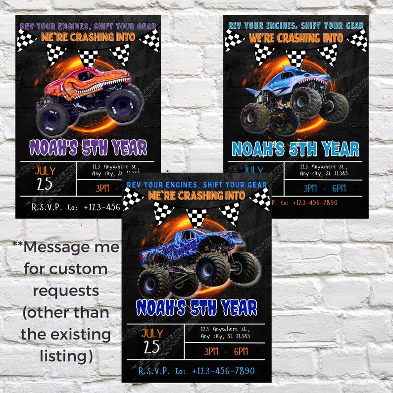 Pu&ograve; includere: Un invito a una festa di compleanno di monster truck nero e arancione con una grafica di monster truck e il testo "Rev your engines, shift your gear, we're crashing into Noah's 5th year". L'invito include la data, l'ora e il luogo della festa.