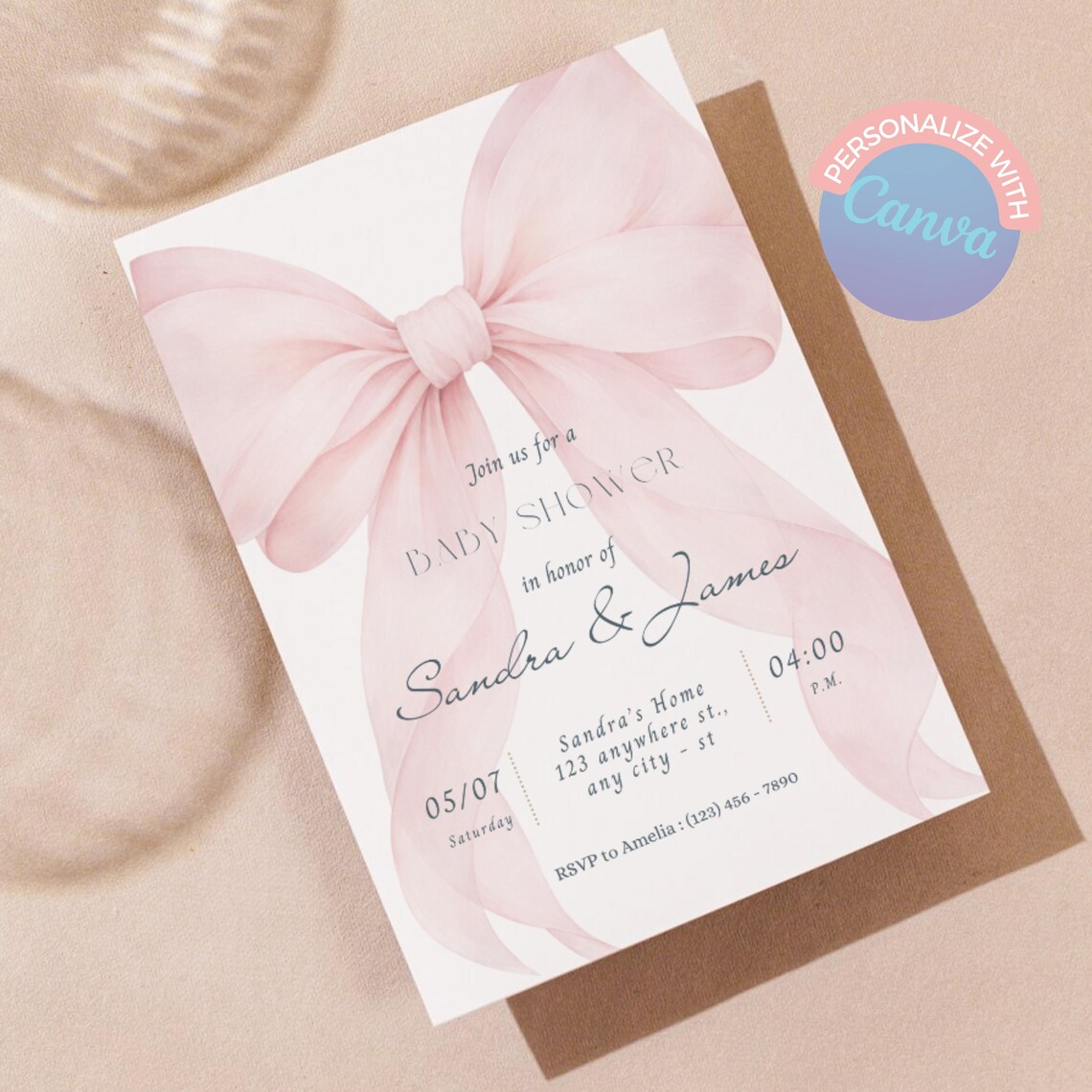 Blush Pink Bow Baby Shower Invitation Template, Elegant Coquette Baby ...