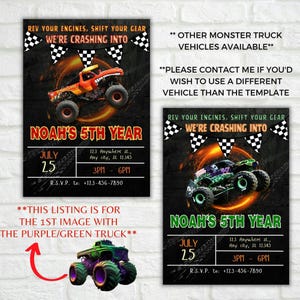 Pu&ograve; includere: Invito a una festa di compleanno a tema monster truck con un monster truck verde e viola, uno sfondo nero e fiamme. L'invito include il testo "Noah's 5th Year", "July 25", "3PM - 6PM", e "R.S.V.P. to: +123-456-7890".