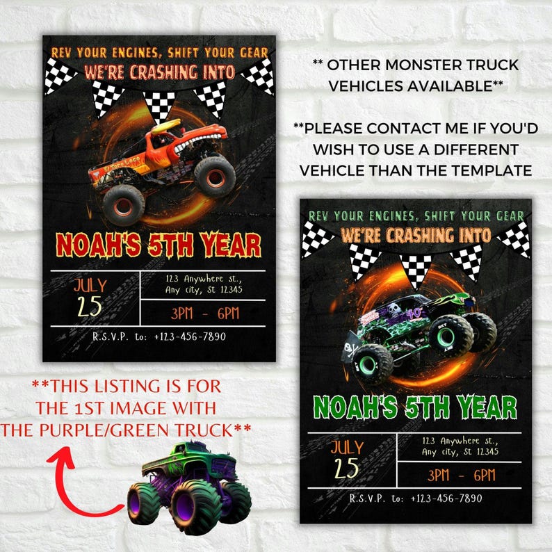 Pu&ograve; includere: Invito a una festa di compleanno a tema monster truck con un monster truck verde e viola, uno sfondo nero e fiamme. L'invito include il testo "Noah's 5th Year", "July 25", "3PM - 6PM", e "R.S.V.P. to: +123-456-7890".