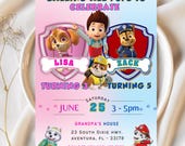 Puppy Twin Birthday Invitation | Editable Digital Invite for Twins Boy & Girl | Dog Theme Party | Instant Download Template