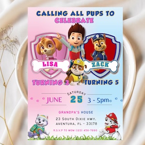 May include: A vibrant birthday party invitation with cartoon characters. The design includes the text "CALLING ALL PUPS TO CELEBRATE", character illustrations, and party details such as the date, time, and location.