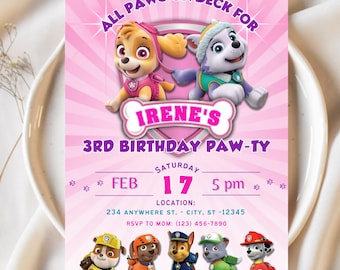 Puppy Invitation, Dog Theme, Puppy Theme invite, Digital Download, Pink Puppy Girl Invitation, Edit in Canva
