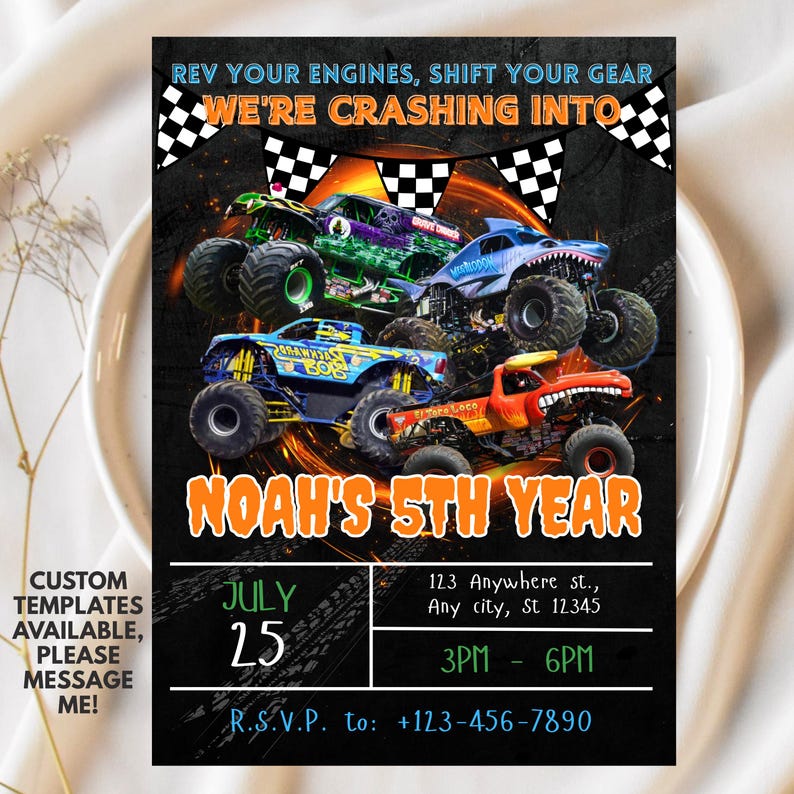 Invito di compleanno Monster Truck / Modello Canva modificabile / Invito per festa di compleanno di camion / Invito Monster Truck / Download immediato immagine 2