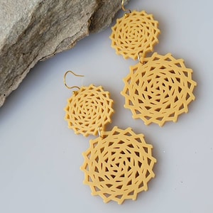 May include: Two pairs of yellow earrings with a geometric, openwork design. The earrings have a circular shape with a spiral pattern and gold-coloured ear wires. The earrings are displayed on a white surface.