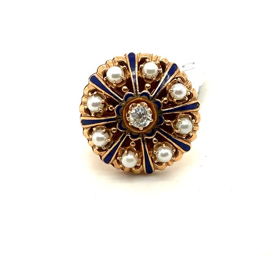 14K Yellow Gold Diamond Enamel and Pearl Circle S… - image 1