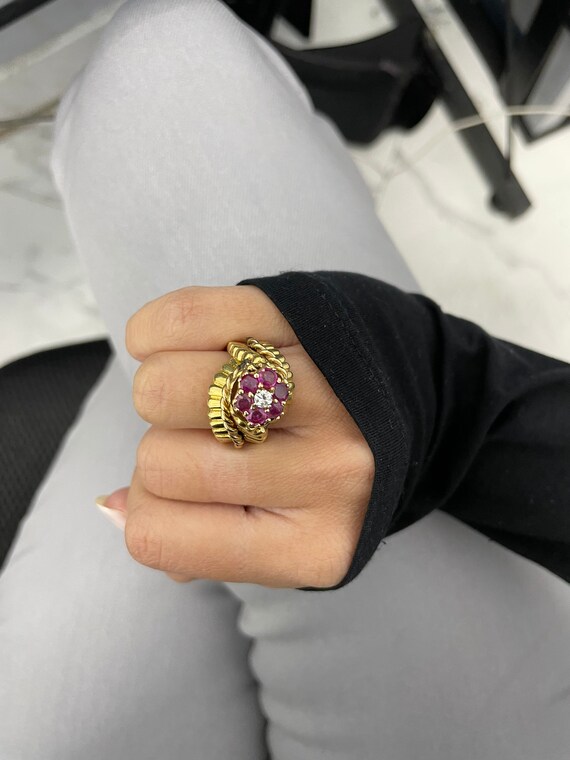 18K Yellow Gold .10CT Diamond & Ruby Flower Ring - image 5