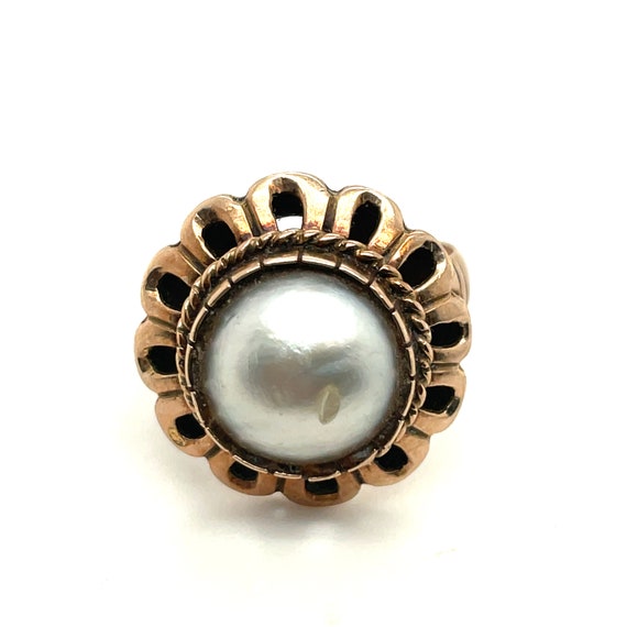 14K Yellow Gold Mabe Pearl Floral Ring - image 1