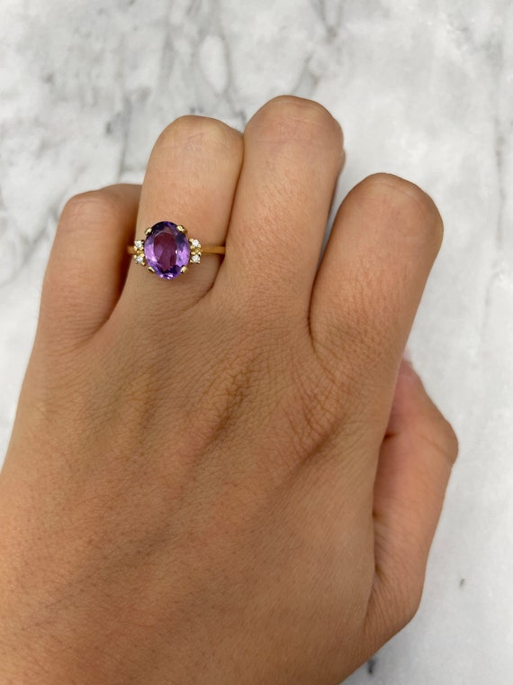 14K Yellow Gold Oval cut Amethyst and Diamond Ring - image 2