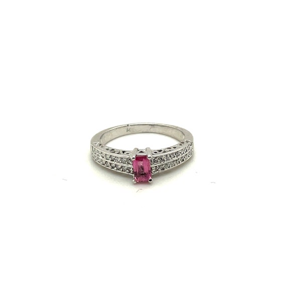 14K White Gold Diamond & Emerald Cut Pink Topaz Two Row Ring 