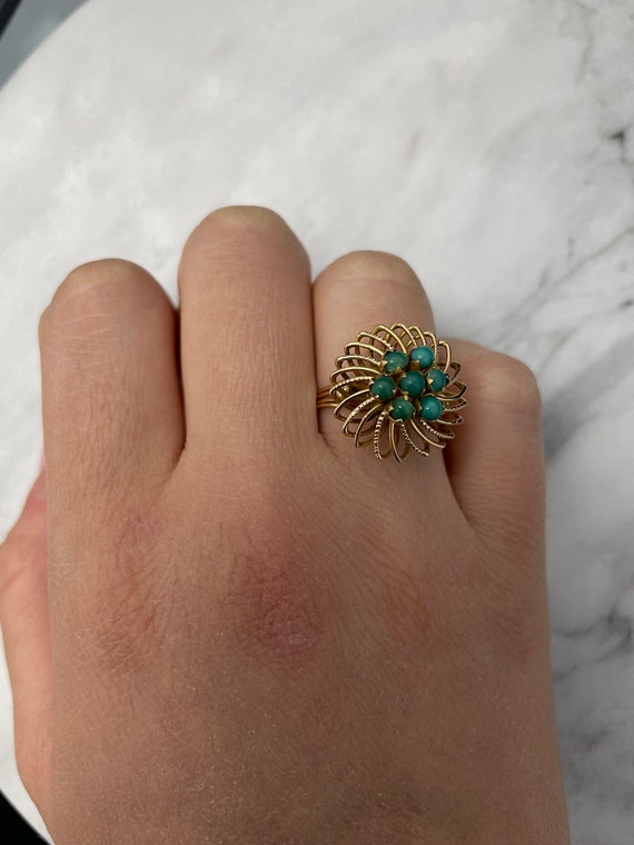 10K Yellow Gold Turquoise Floral Ring | Turquoise… - image 2