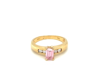 14K Yellow Gold Emerald cut Pink Topaz and Diamond Ring