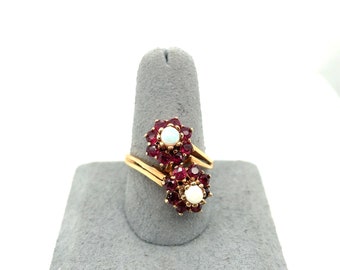 14K Yellow Gold Ruby & Opal Double Flower Ring