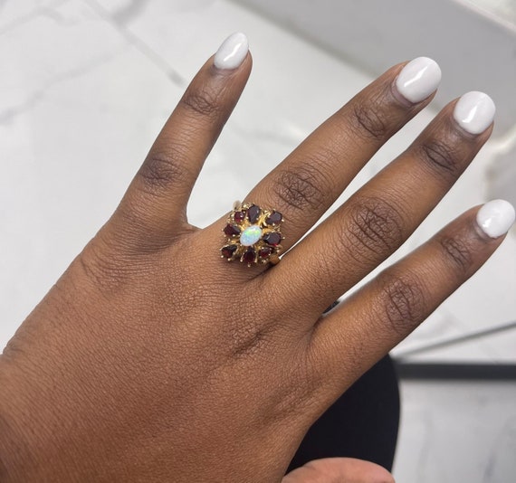 10K Yellow Gold Flower Ruby and Opal Ring - image 4