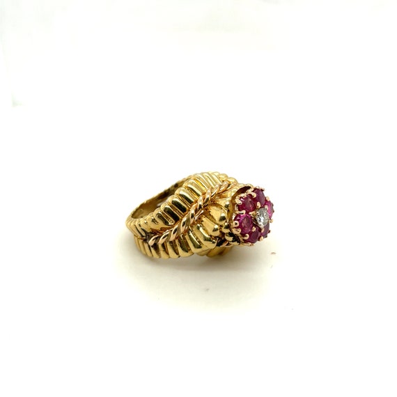 18K Yellow Gold .10CT Diamond & Ruby Flower Ring - image 2