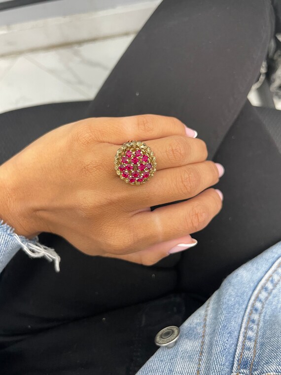 14K Yellow Gold Ruby Flower Statement Ring - image 5