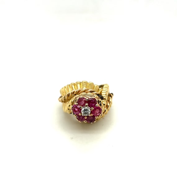 18K Yellow Gold .10CT Diamond & Ruby Flower Ring - image 1