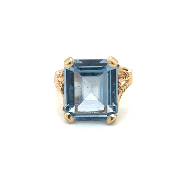 14K Yellow Gold Emerald Cut Blue Topaz Ring - image 1