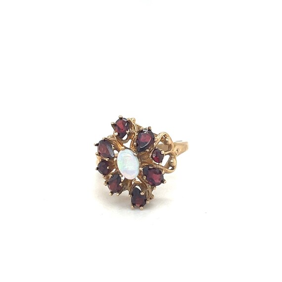 10K Yellow Gold Flower Ruby and Opal Ring - image 1