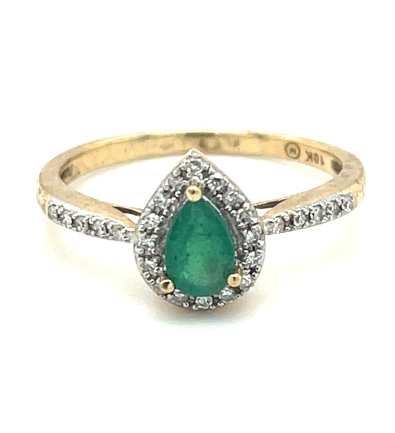 10K Yellow Gold Pear Cut Emerald Diamond Ring