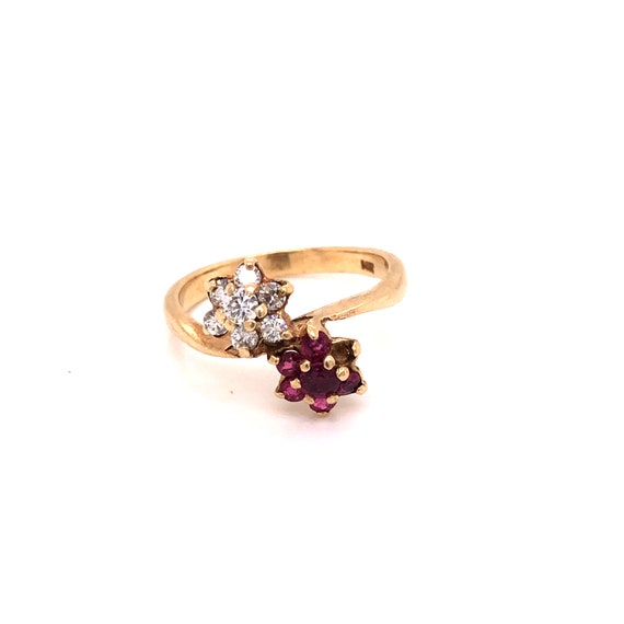 14K Yellow Gold Ruby Diamond Floral Ring - image 1