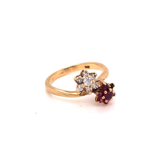 14K Yellow Gold Ruby Diamond Floral Ring - image 2
