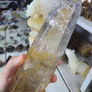 XL quartz point with iron inclusions, iron quartz point, tangering quartz point, clear quartz, crystal wand, quartz wand, selfhealed crystal