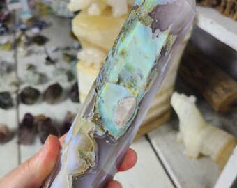 large green flower agate tower, blue flower agate tower, gray flower agate tower, blue agate, green agate,  chalcedony