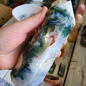 Pink moss agate tower, Rare Large Druzy Pink Moss Agate Tower