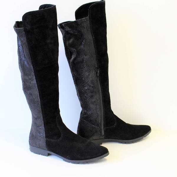 Black Suede Knee Boots TAMARIS Cutout Suede Boots  Leather Cutout bootie Black Nubuck Boots   Size Us 8,5 , Eur 40, UK 6.5