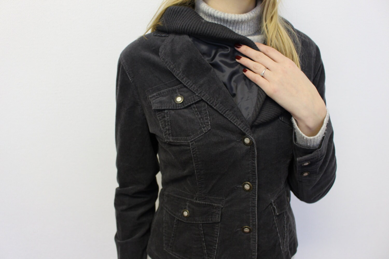 Gray Corduroy Jacket Womens Dark Grey Corduroy Blazer Metal Buttons Outerwear Stretchy Fitted Military Corduroy Blazer Medium to Large Size Etsy