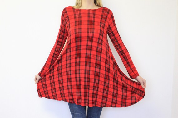red and black plaid tunic dress