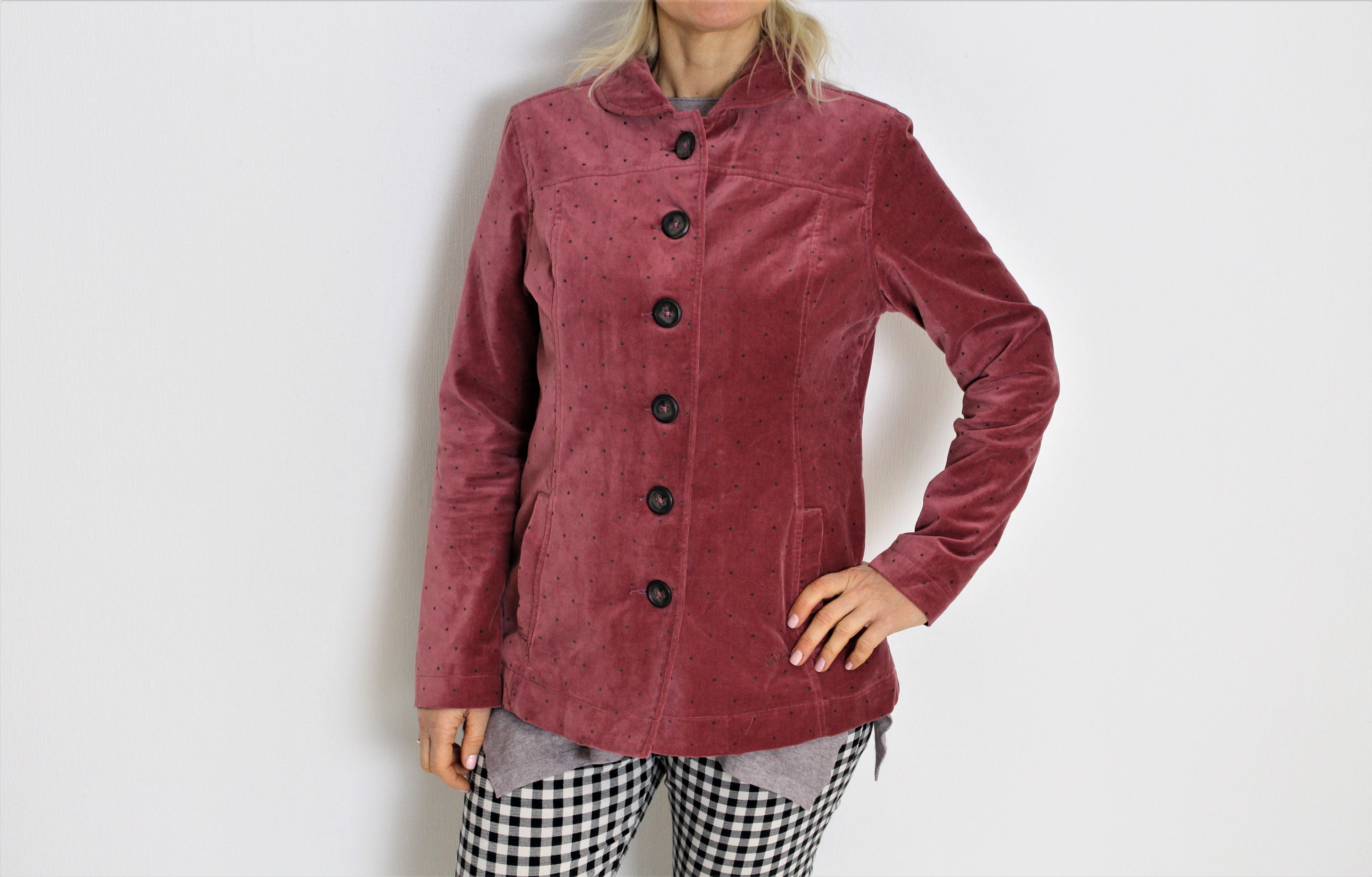 Pink Velvet Jacket Polka dot Blazer Dusty Pink Velvet Blazer  Pink Velvet coat  Large