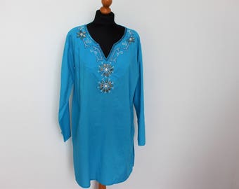 Indian Tunic Light blue Cotton Blouse Hippie Turquoise Embroidered Peasant Tunic Folk Style Colorful Feminine long Sleeve Taille libre Grande