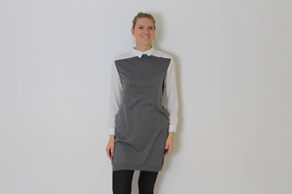 Gray Tunic Dress Gray Knit Tunic White Blouse Effect Knitted Gray Loose Tunic  Dress Hippie Boho Size Medium to Large - Etsy