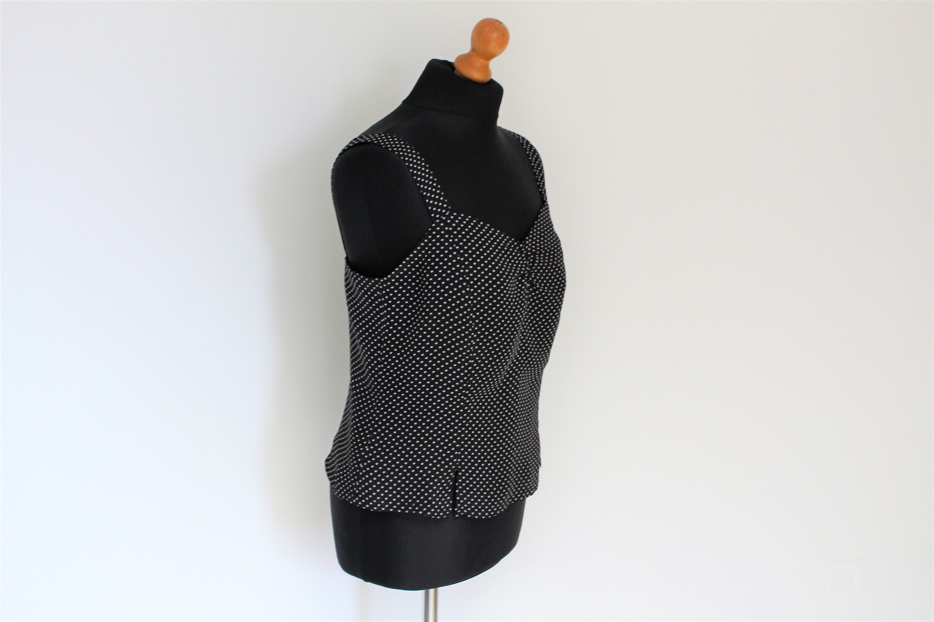 EnjoyMyVintage Corset Top Black White Polka Dot Vest Vintage Polka Doty Tank Top Zip Up 70s Sleeveless Top Corset Top Medium Size