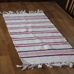 Schwedischer Teppich Rag / Vintage Gestreifter Boden Tischläufer / Handgewebt Gelb blau weiß mit Fransen skandinavisch Cottage chic