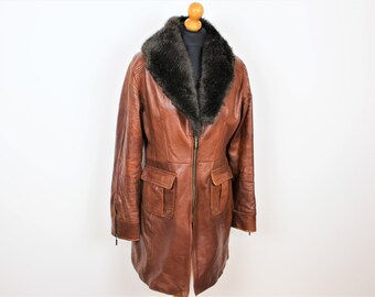 Brown Leather Coat With fur CHANTAL Womens  Long Brown Leather Jacket with Zipper Hippie Boho Removable collar Medium to large