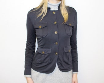 Military Jacket Gray Blue Womens Blazer Mandarin Collar Women&#39;s 80s  Soft Jersey Dark Gray Military Uniform Blazer  Medium Size
