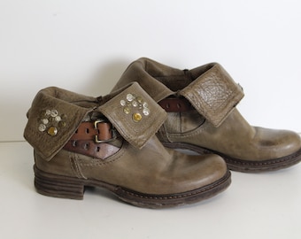 Brown Ankle Boots AMUST Womens Beige Brown Leather Pull on Ankle Booties with studs  Hippie Boho Festival Boots   Eu 36 / Us 5.5 - 6