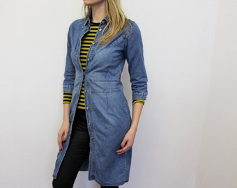 Blue Denim Coat Dress Button up Dress 3/4 Sleeve Dress Uniform Jeans Coat Long Denim Jacket Denim Coat Small Size
