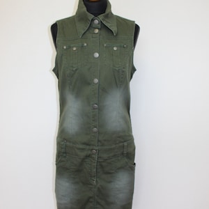 Ärmelloses militärischen Kleid Denim Kleid Khaki grün zuknöpfen einheitliche Jean Kleid Vintage Dark Green Overalls Cowgirl Kleid dehnbar Medium