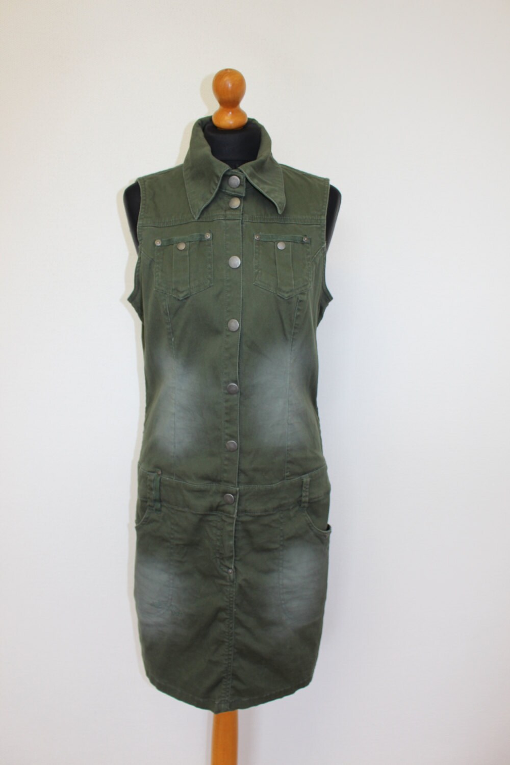 Sleeveless Military Dress Denim Dress Khaki Green Button up Uniform Jean Dress Vintage Dark Green Overalls Cowgirl Dress Stretchy Medium