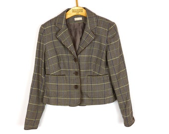 Brauner Tweed Blazer Vintage LAURA SCOTT Karo Tweed Jacke Wollmischung Edwardian Reitjacke Ellenbogen Patches Kariertes Tweed Mittel bis Groß