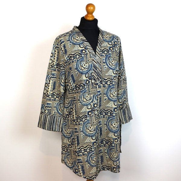 Tunique indienne Bleu Ivoire Coton Tunique Kalamkari Blanc Bleu Blouse Paysanne Folk Tunique Féminine 3/4 Manches Abstract Print Kurta Medium inutilisé