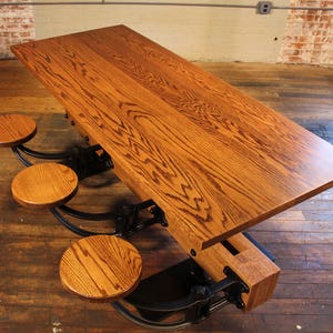 Oak Cafe Style Dining Table with Attached Swing Out Seats image 3