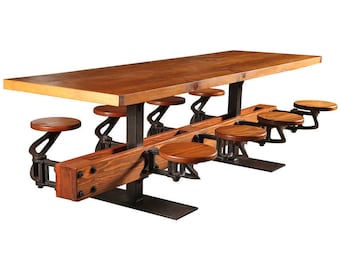 Swing out Seat Dining Table with Cast Iron Attached, Hanging, Floating Seats and Wood, Steel, or Glass Top