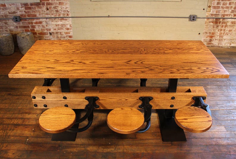 Oak Cafe Style Dining Table with Attached Swing Out Seats image 6